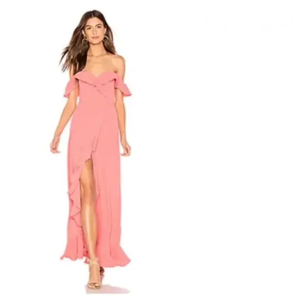 Flynn Skye Monica Maxi Ruffle Off Shoulder Dress in Watermelon Sz XS